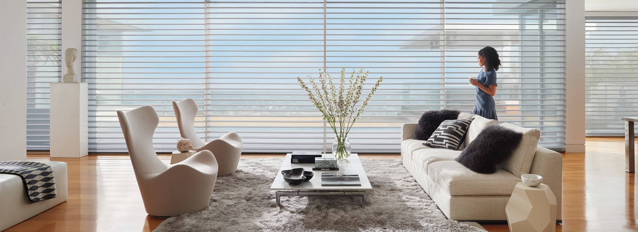 Silhouette® Window Shadings feature soft adjustable fabric vanes that appear to be floating between two sheer fabric panels that beautifully diffuse harsh sunlight. Simply tilt the vanes to achieve your desired level of light and privacy. Learn more about Silhouette® Window Shadings.
