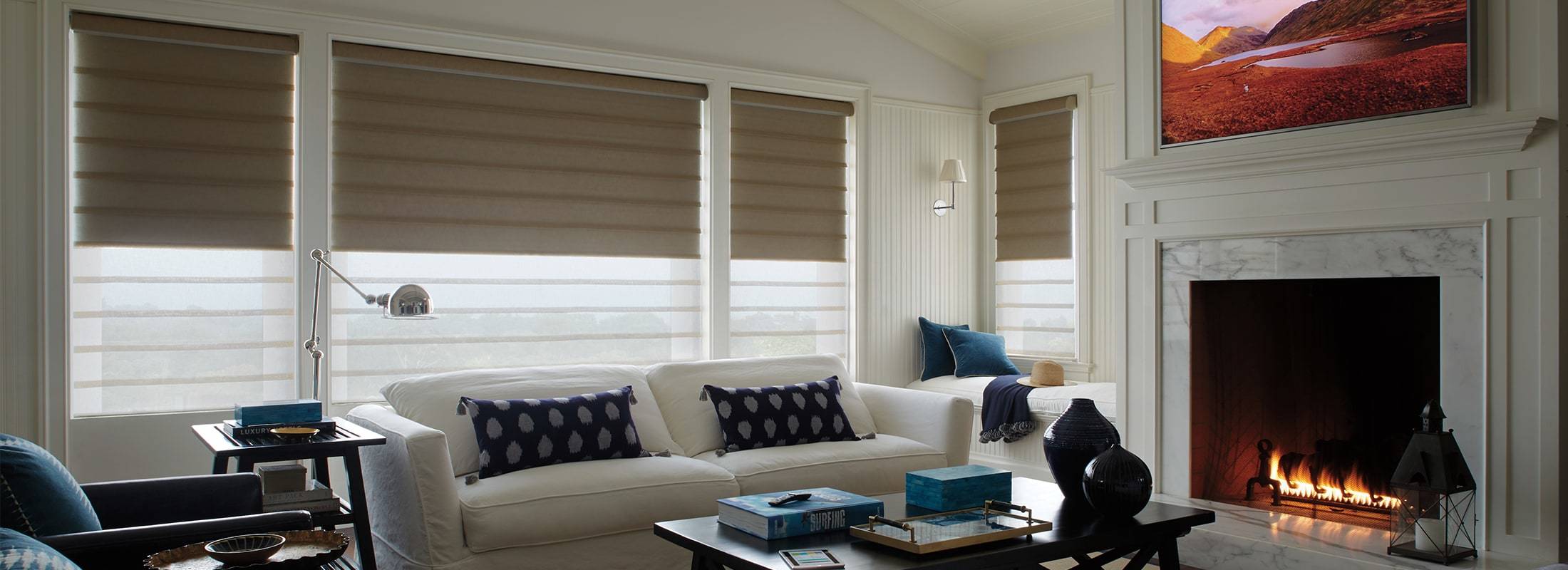 Vignette® Modern Roman Shades feature consistent folds and no exposed rear cords, keeping windows uncluttered and safer. Choose from different fold styles and sizes, and beautiful fabrics that are low maintenance and easy to clean. Learn more about Vignette® Modern Roman Shades.