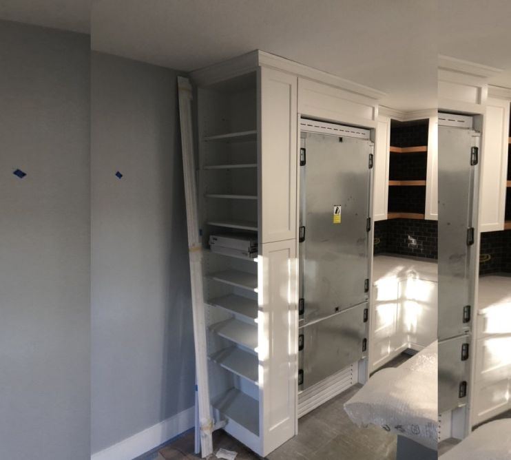 Dallas Condo During Kitchen Remodel Custom Cabinets with builtin panel ready for Bertazzoni Refrigerator