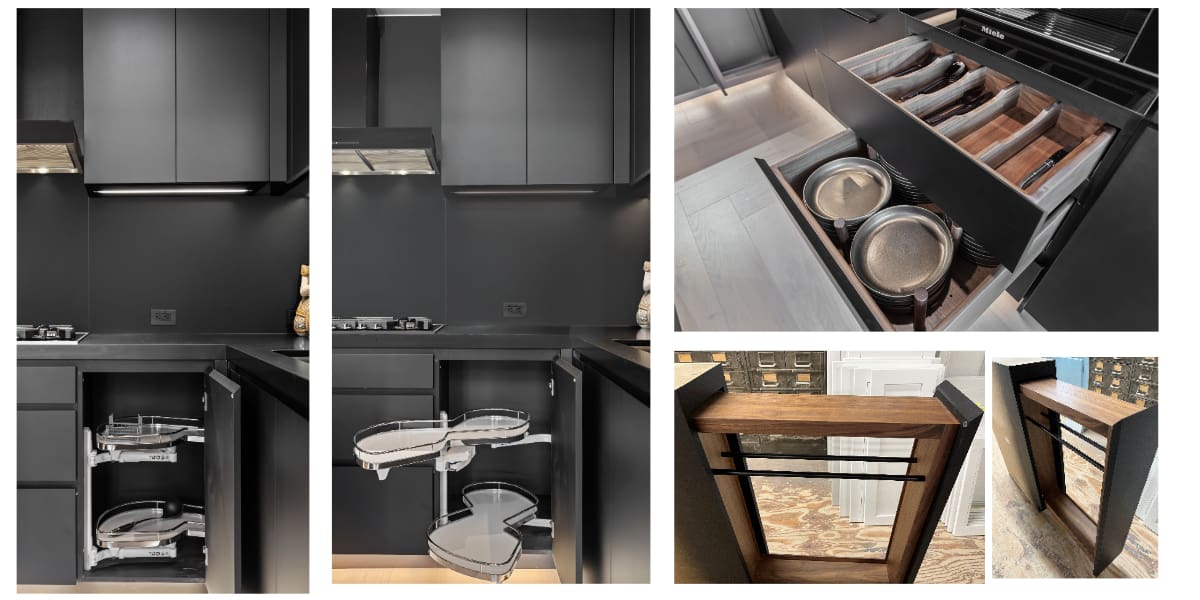  Drawer with walnut organizer in a no-hardware kitchen cabinet by StyleCraft.)